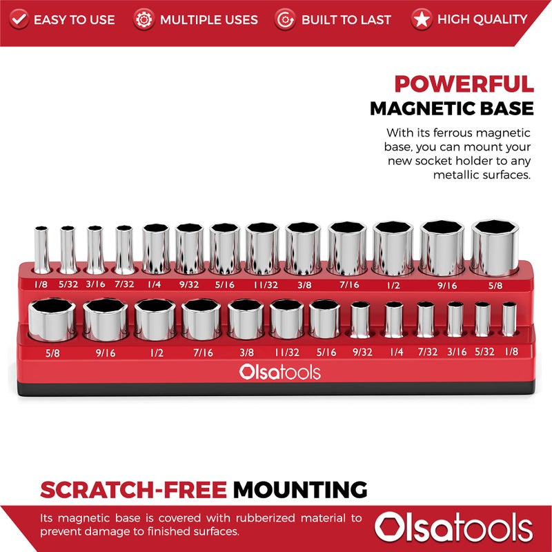 Olsa Tools Magnetic Socket Organizer | 1/4-inch Drive | SAE | RED | Holds 26 Sockets | Professional Quality Tools Organizer - Image 4